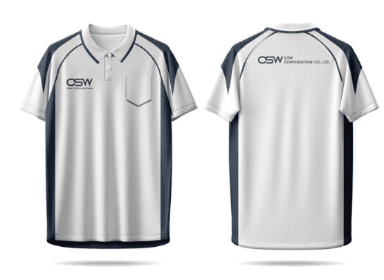 ผลงานผลิตเสื้อยูนิฟอร์ม OSW สีขาว-น้ำเงิน ตัดต่อแขน หน้า-หลัง