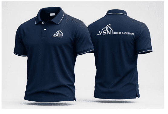 ผลงานผลิตเสื้อโปโลบริษัท VSN สีกรมท่า กุ๊นขาว หน้า-หลัง